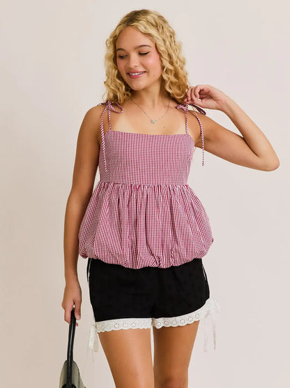Gameday Gingham Bubble Hem Top- Red