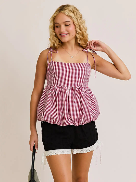 Gameday Gingham Bubble Hem Top- Red