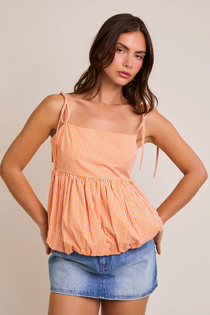 Gameday Gingham Bubble Hem Top- Orange