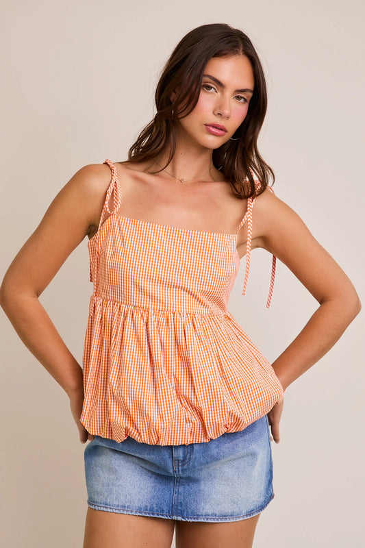 Gameday Gingham Bubble Hem Top- Orange