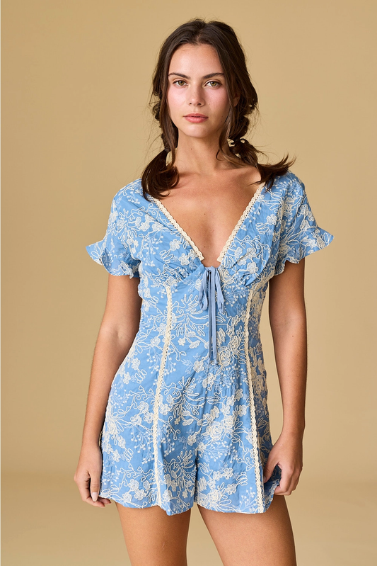 Blue Embroidered Romper